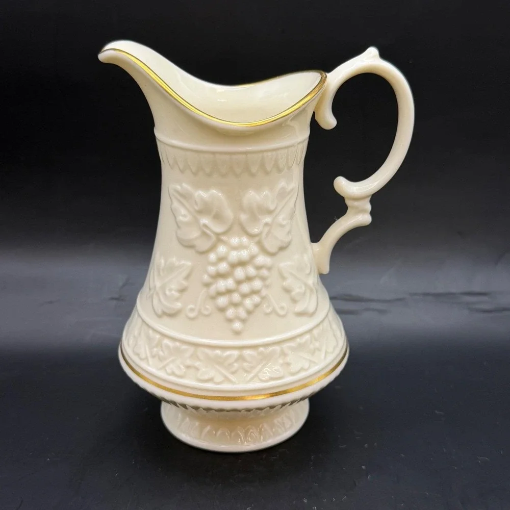 Vtg Lenox 2pc Mixed Lot Ivory Cream 24K Gold Bud Vase Grape Harvest Mini Pitcher